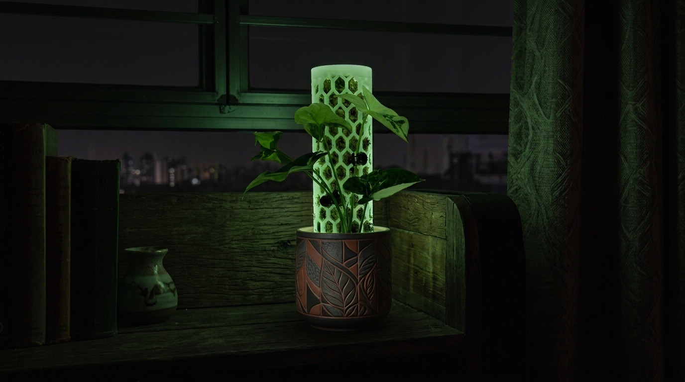 Tinker Garden moss poles glowing softly in a dark indoor jungle setting