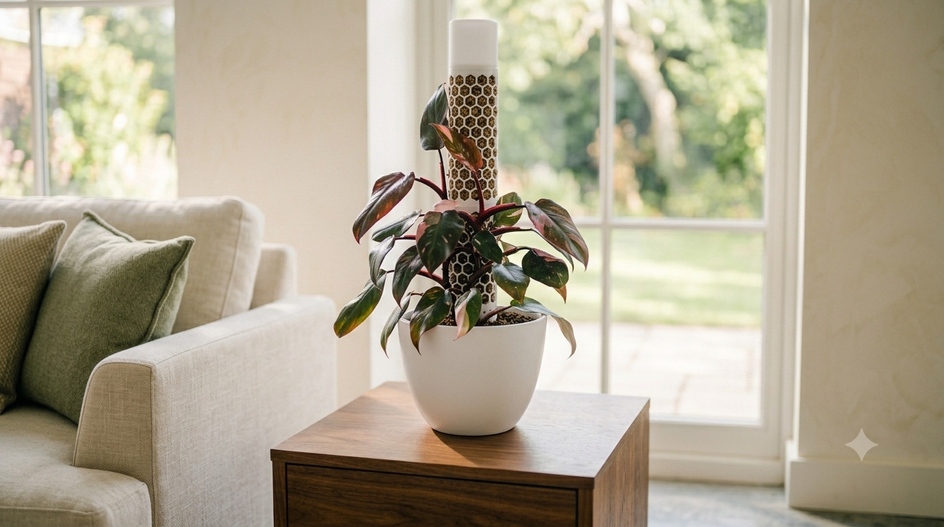 Elegant editorial photograph of a Monstera plant on a tall moss pole in a living room